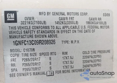 2009 Chevrolet Tahoe Ls z USA, uszkodzony, nr VIN 1GNFC13C09R208926